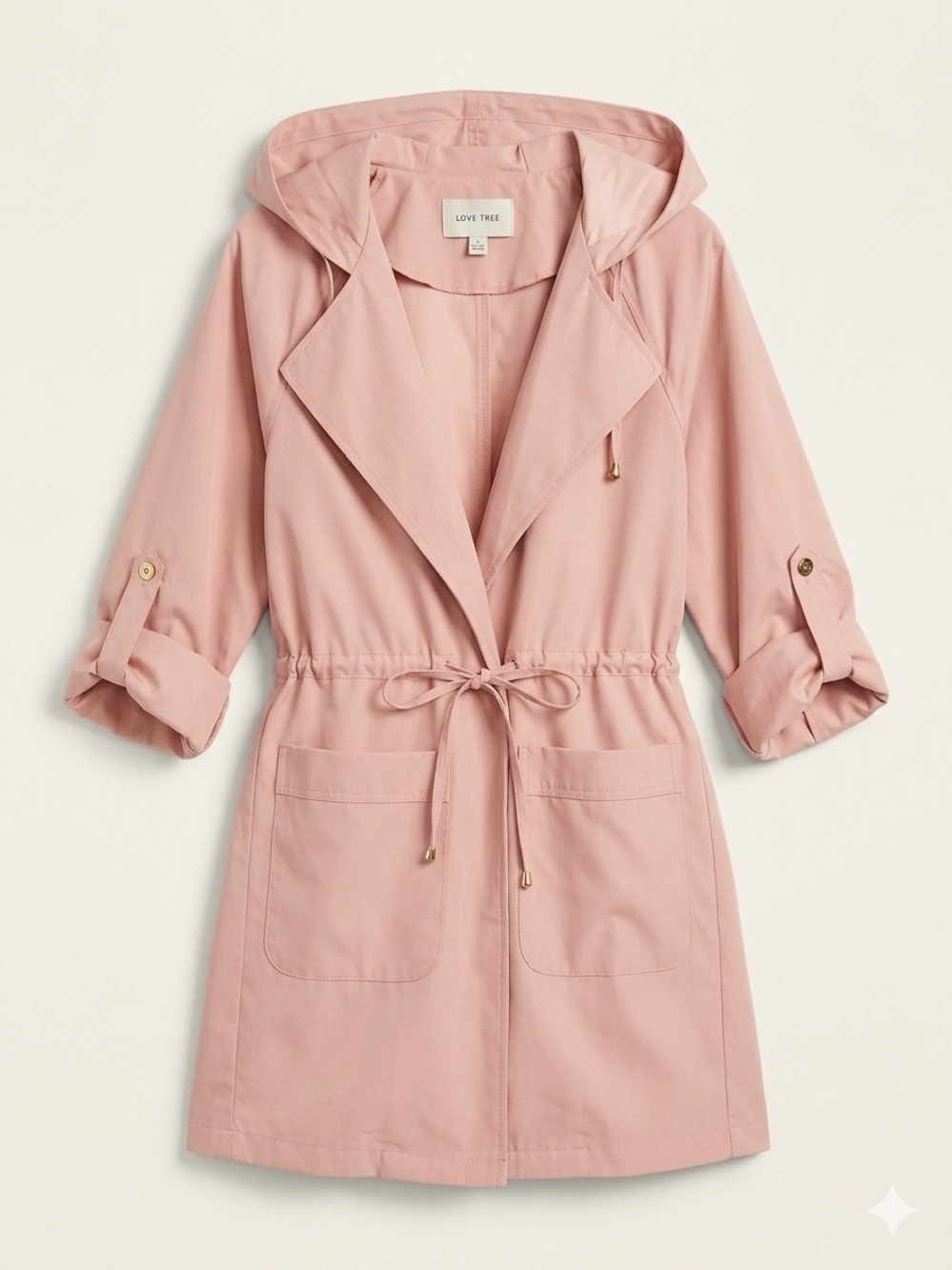 Love Tree Dusty Pink Hooded Drawstring Trench Coat